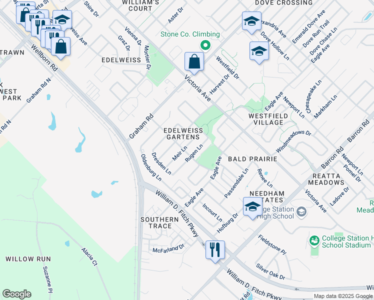 map of restaurants, bars, coffee shops, grocery stores, and more near 121 Rugen Lane in College Station