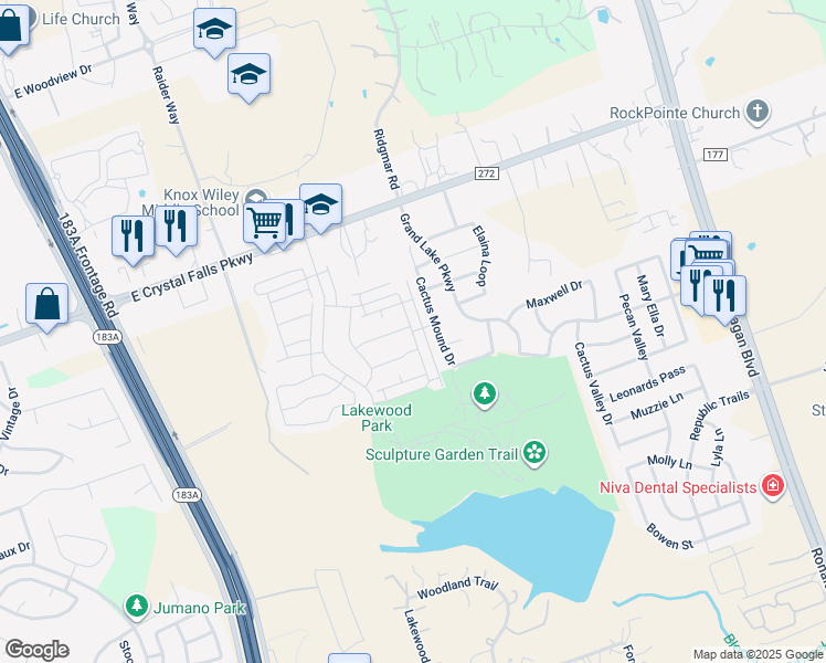 map of restaurants, bars, coffee shops, grocery stores, and more near 2616 Pecan Island Drive in Leander