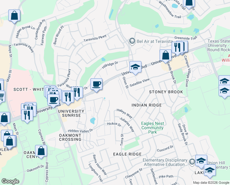 map of restaurants, bars, coffee shops, grocery stores, and more near 725 University Boulevard in Round Rock