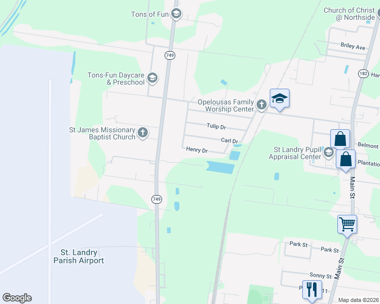 map of restaurants, bars, coffee shops, grocery stores, and more near 8517 Highway 182 in Opelousas