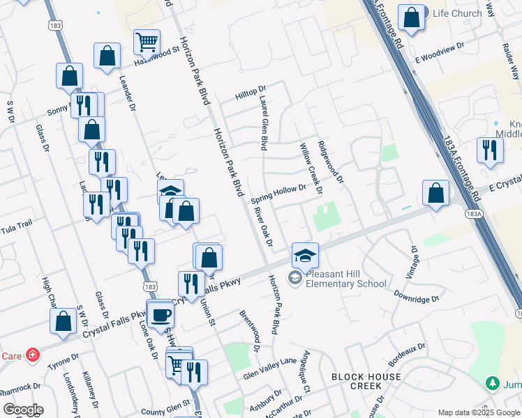 map of restaurants, bars, coffee shops, grocery stores, and more near 1404 River Oak Drive in Leander