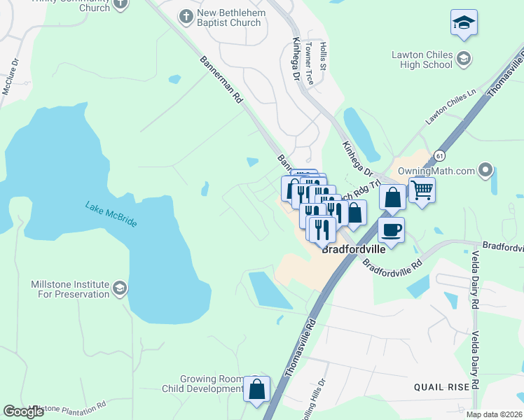 map of restaurants, bars, coffee shops, grocery stores, and more near 3419 Bannerman Road in Tallahassee