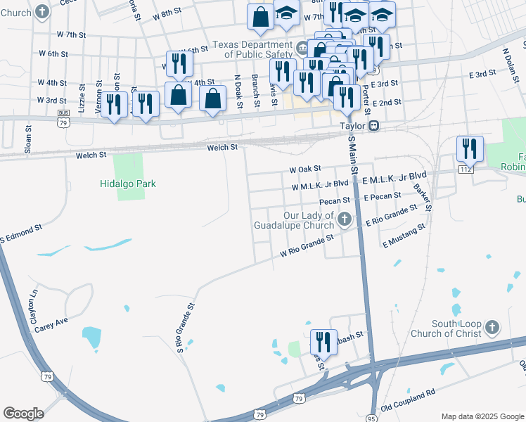 map of restaurants, bars, coffee shops, grocery stores, and more near 510 Maple Street in Taylor