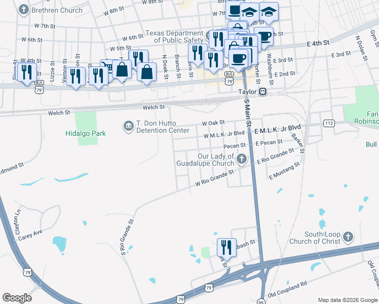 map of restaurants, bars, coffee shops, grocery stores, and more near 510 Maple Street in Taylor