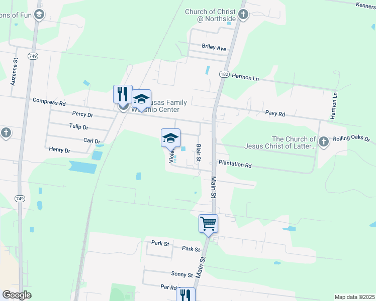 map of restaurants, bars, coffee shops, grocery stores, and more near 152 Violet Drive in Opelousas