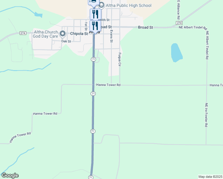 map of restaurants, bars, coffee shops, grocery stores, and more near 16553 Hanna Tower Road in Altha