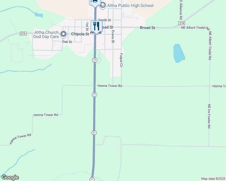 map of restaurants, bars, coffee shops, grocery stores, and more near 16553 Hanna Tower Road in Altha