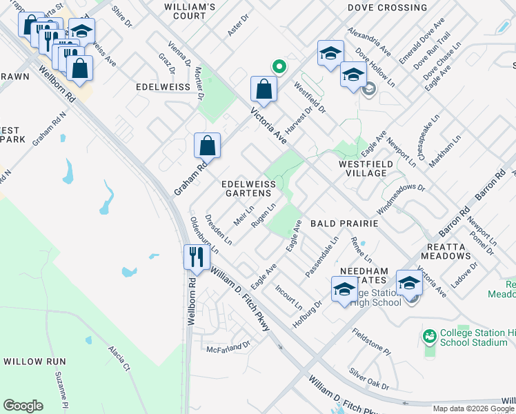 map of restaurants, bars, coffee shops, grocery stores, and more near 212 Hartford Drive in College Station