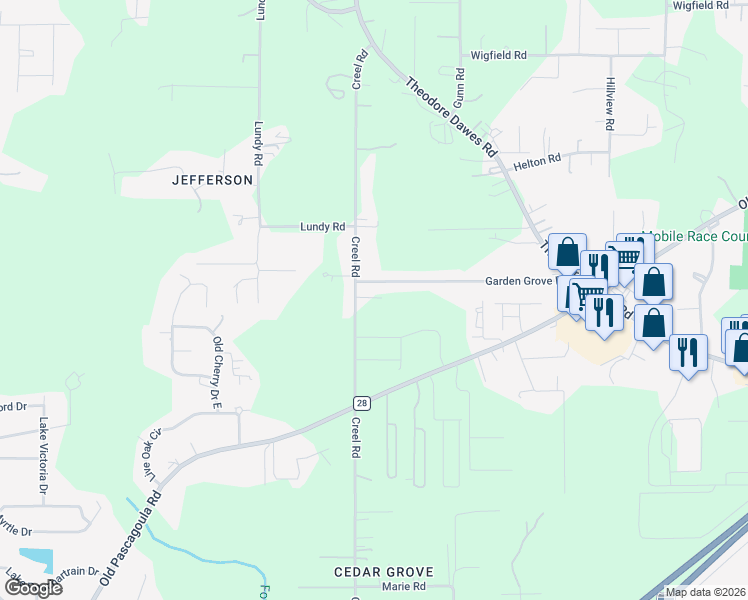 map of restaurants, bars, coffee shops, grocery stores, and more near 7751-7765 Garden Grove Drive in Theodore