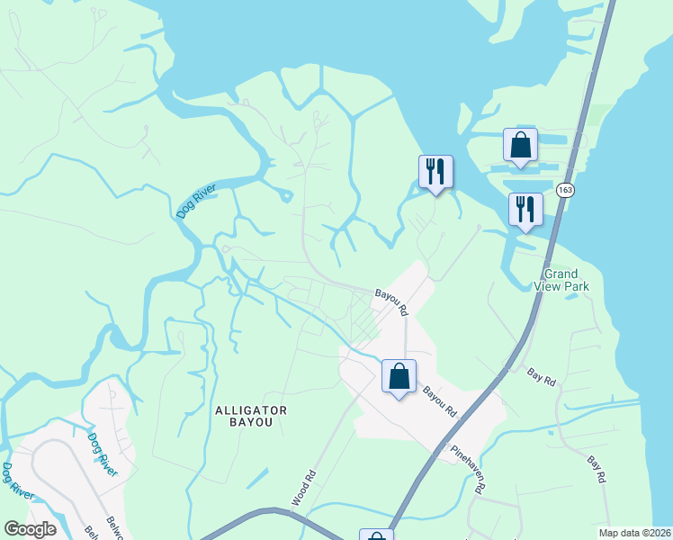map of restaurants, bars, coffee shops, grocery stores, and more near 6163 Bayou Road in Mobile