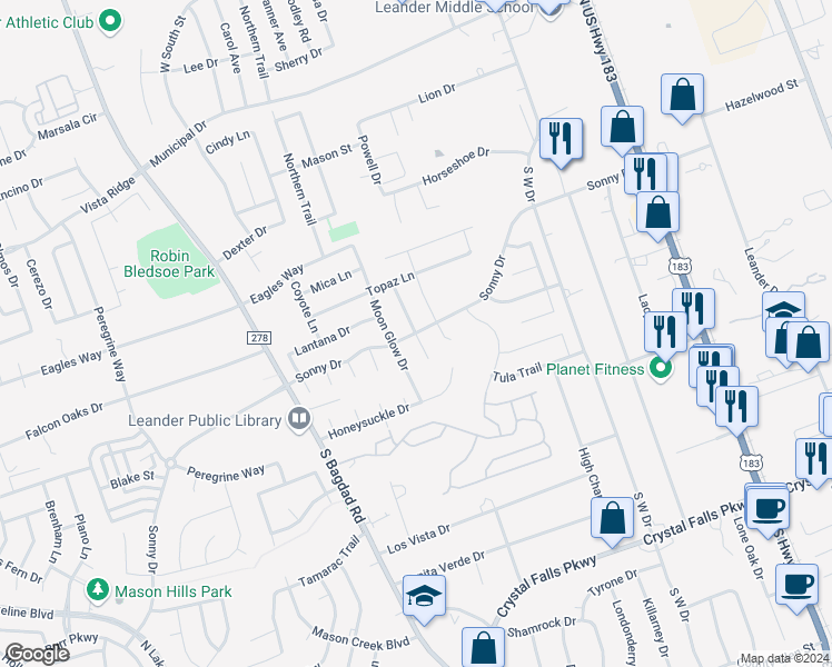 map of restaurants, bars, coffee shops, grocery stores, and more near 1017 Woodduck Trail in Leander