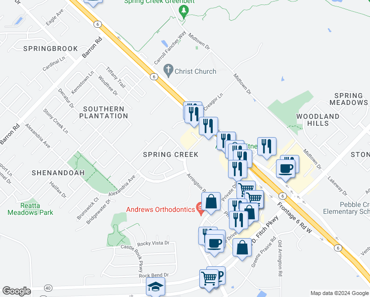 map of restaurants, bars, coffee shops, grocery stores, and more near 4311 Whispering Creek Court in College Station