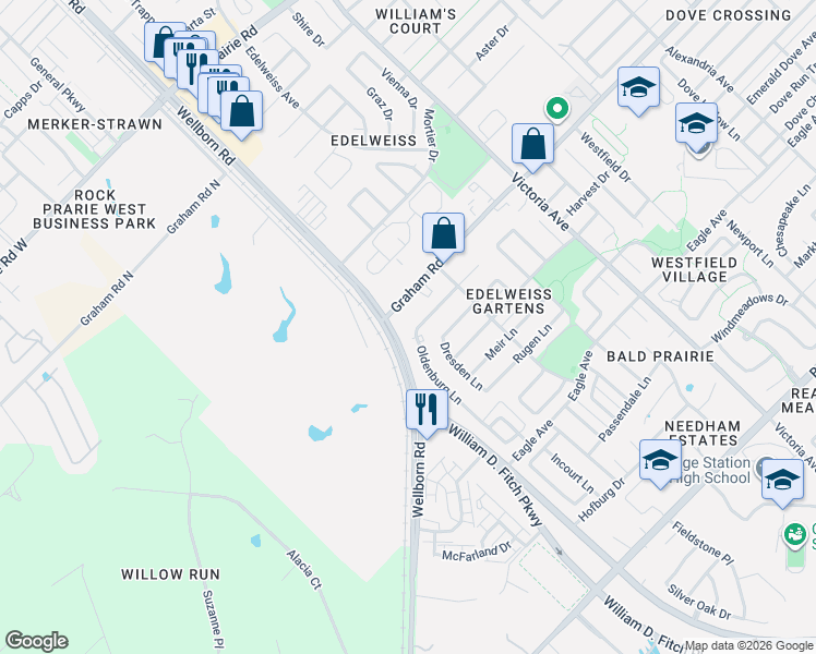 map of restaurants, bars, coffee shops, grocery stores, and more near 100 Graham Road in College Station