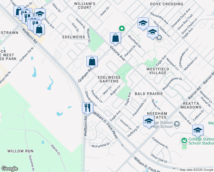 map of restaurants, bars, coffee shops, grocery stores, and more near Brandenburg Ln in College Station