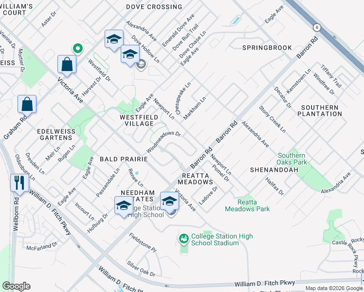 map of restaurants, bars, coffee shops, grocery stores, and more near 1010 Windmeadows Drive in College Station