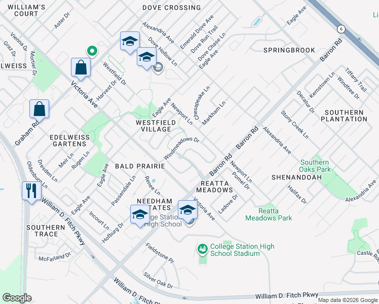 map of restaurants, bars, coffee shops, grocery stores, and more near 1081 Windmeadows Drive in College Station