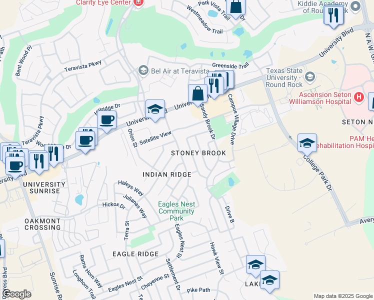 map of restaurants, bars, coffee shops, grocery stores, and more near 3941 Eagles Nest Street in Round Rock