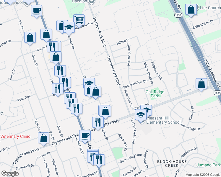 map of restaurants, bars, coffee shops, grocery stores, and more near 1305 Horizon Park Boulevard in Leander