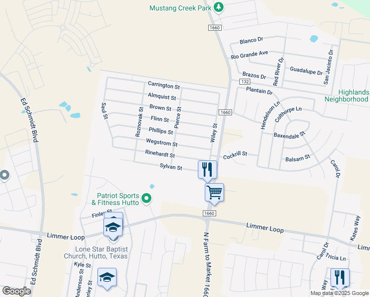 map of restaurants, bars, coffee shops, grocery stores, and more near 121 Wegstrom Street in Hutto