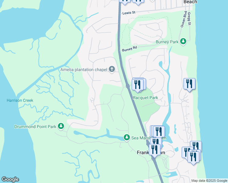 map of restaurants, bars, coffee shops, grocery stores, and more near 5 Red Maple Road in Fernandina Beach