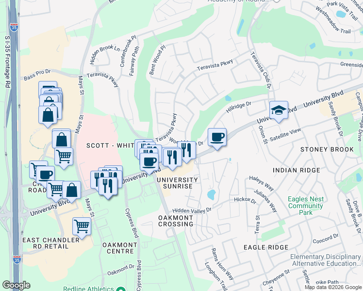 map of restaurants, bars, coffee shops, grocery stores, and more near 806 Wood Mesa Drive in Round Rock