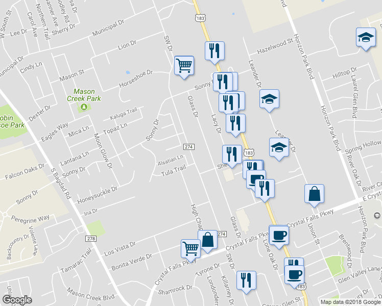 map of restaurants, bars, coffee shops, grocery stores, and more near 1072 South West Drive in Leander