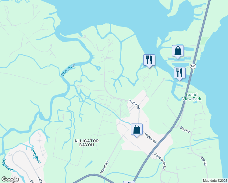 map of restaurants, bars, coffee shops, grocery stores, and more near 6163 Bayou Road in Mobile