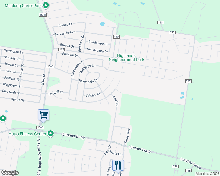 map of restaurants, bars, coffee shops, grocery stores, and more near 210 Balsam Street in Hutto
