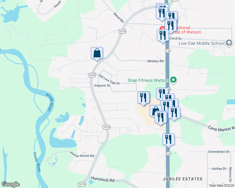 map of restaurants, bars, coffee shops, grocery stores, and more near 7531 Impson Street in Denham Springs