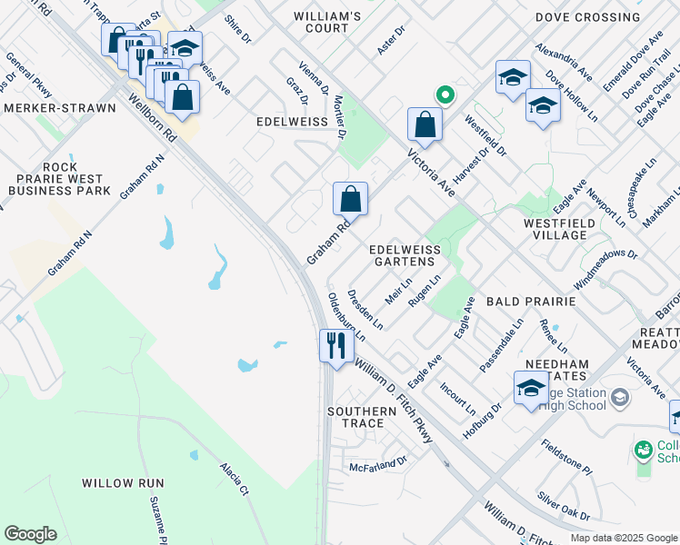 map of restaurants, bars, coffee shops, grocery stores, and more near 3717 Oldenburg Lane in College Station