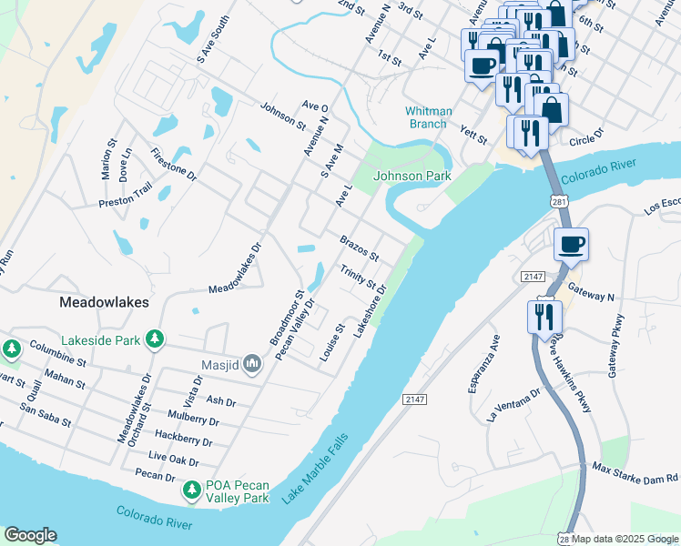 map of restaurants, bars, coffee shops, grocery stores, and more near 708 Pecan Valley Drive in Marble Falls