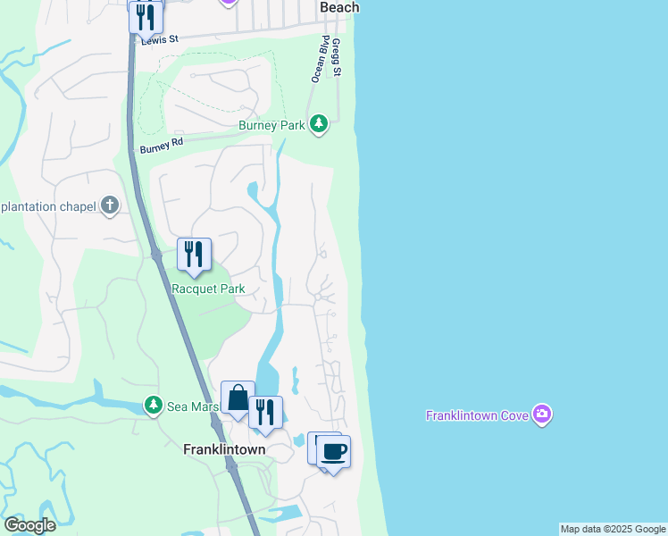 map of restaurants, bars, coffee shops, grocery stores, and more near 740 Ocean Club Drive in Fernandina Beach