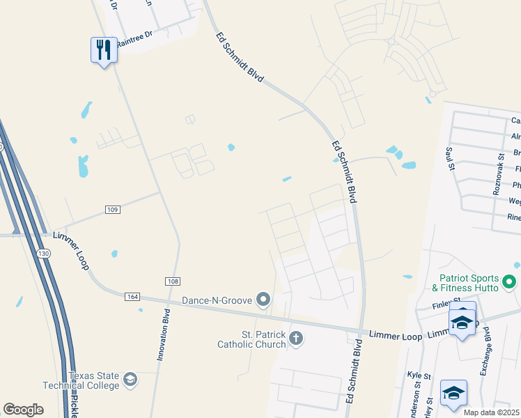 map of restaurants, bars, coffee shops, grocery stores, and more near 2401 Limmer Loop in Hutto