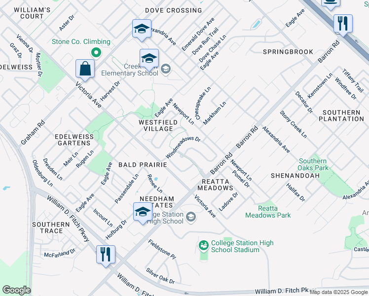 map of restaurants, bars, coffee shops, grocery stores, and more near 1090 Windmeadows Drive in College Station