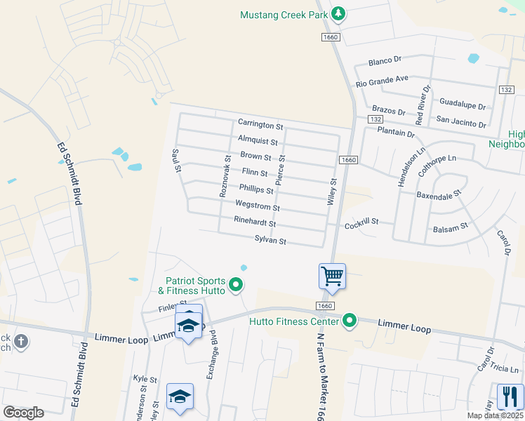 map of restaurants, bars, coffee shops, grocery stores, and more near 207 Wegstrom Street in Hutto