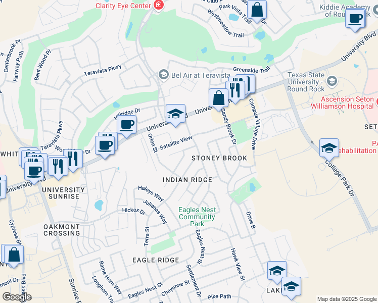 map of restaurants, bars, coffee shops, grocery stores, and more near 1416 Quicksilver Circle in Round Rock