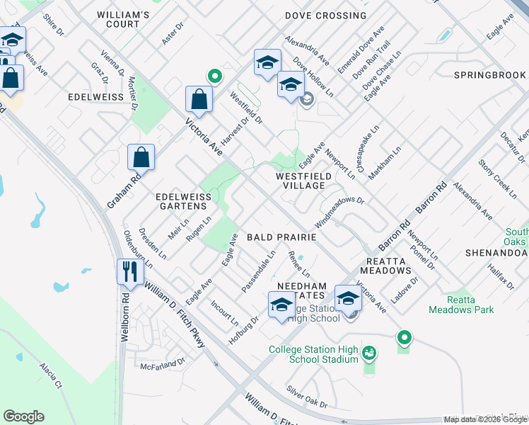 map of restaurants, bars, coffee shops, grocery stores, and more near 3902 Faimes Court in College Station
