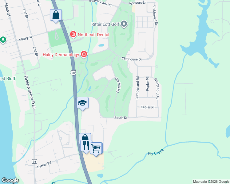 map of restaurants, bars, coffee shops, grocery stores, and more near 134 Old Mill Road in Fairhope