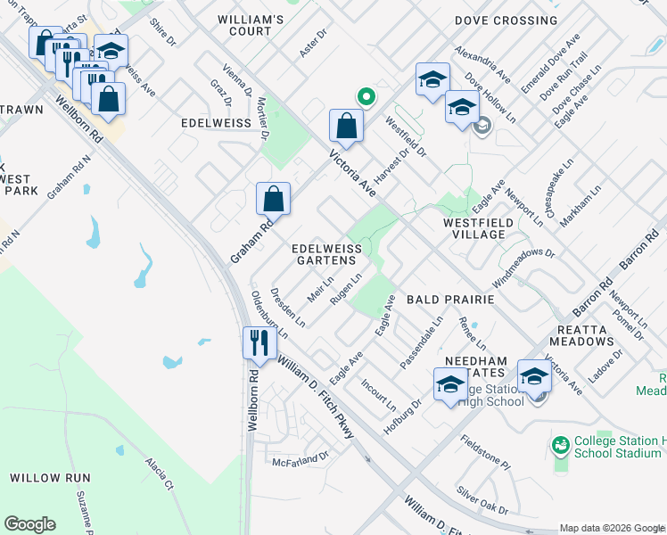 map of restaurants, bars, coffee shops, grocery stores, and more near 212 Hartford Drive in College Station
