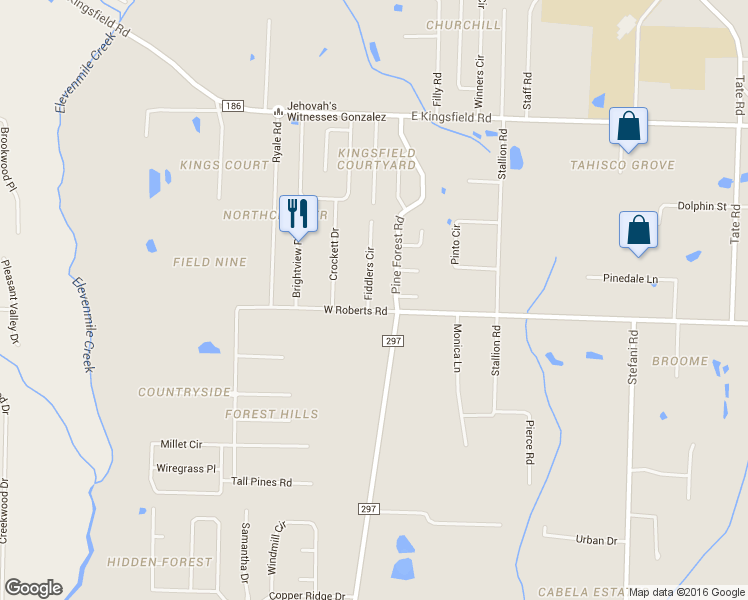 map of restaurants, bars, coffee shops, grocery stores, and more near 2586 Fiddlers Circle in Gonzalez