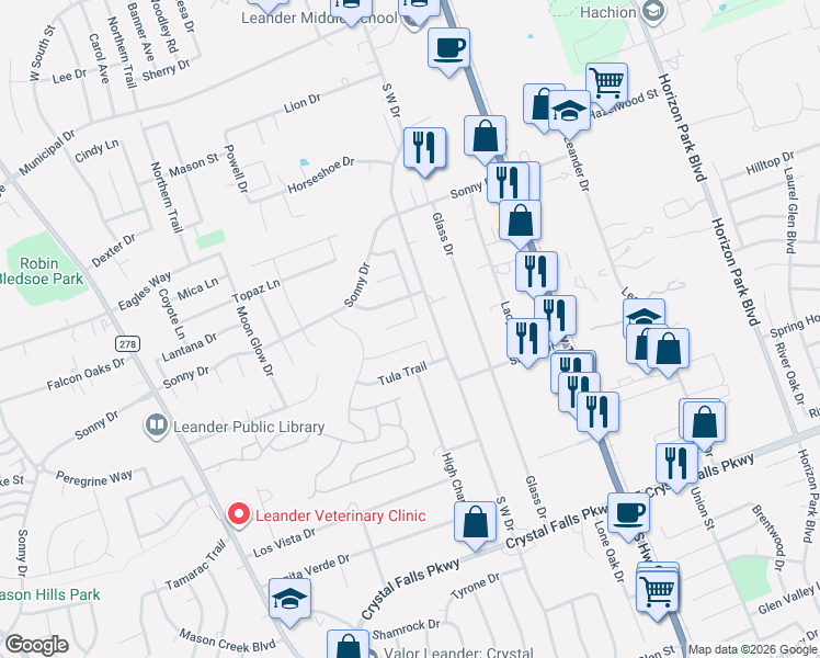 map of restaurants, bars, coffee shops, grocery stores, and more near 1102 Drake Cove in Leander