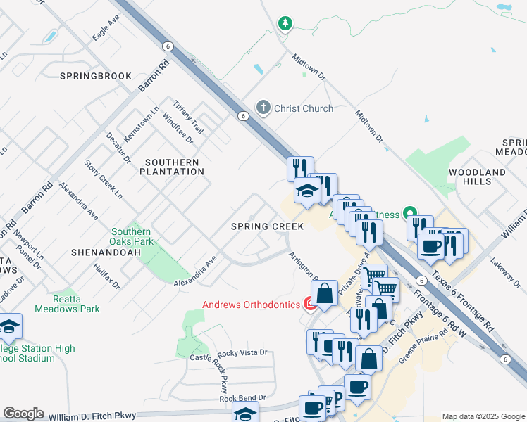 map of restaurants, bars, coffee shops, grocery stores, and more near 4344 Spring Garden Drive in College Station