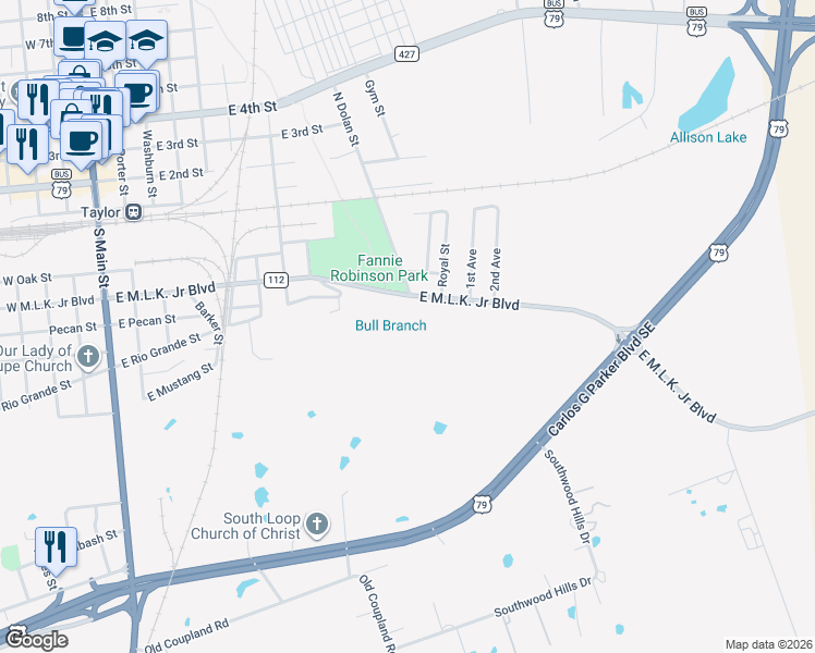 map of restaurants, bars, coffee shops, grocery stores, and more near 1400 East Martin Luther King Junior Boulevard in Taylor
