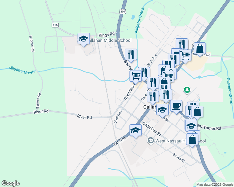 map of restaurants, bars, coffee shops, grocery stores, and more near 45184 New Ogilvie Street in Callahan
