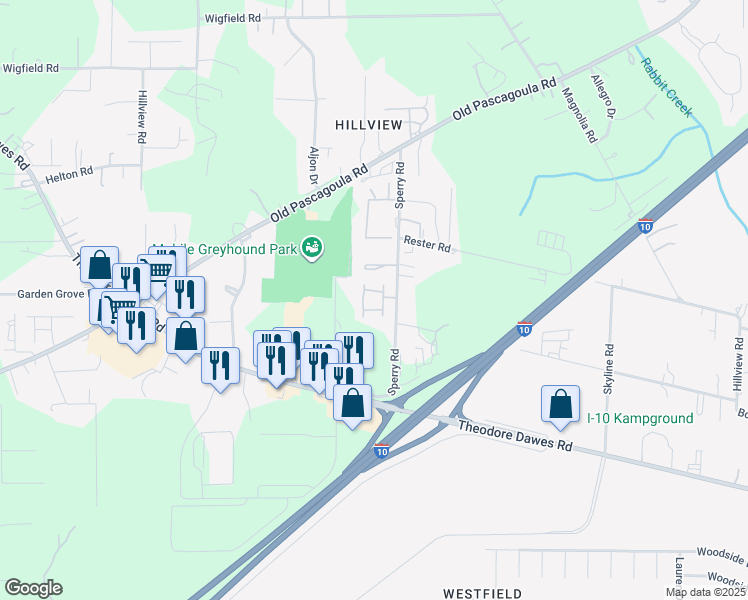map of restaurants, bars, coffee shops, grocery stores, and more near 6128 Sperry Road in Theodore