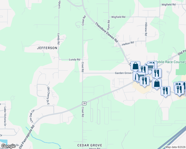map of restaurants, bars, coffee shops, grocery stores, and more near 7751 Garden Grove Drive in Theodore