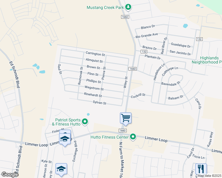 map of restaurants, bars, coffee shops, grocery stores, and more near 118 Wegstrom Street in Hutto