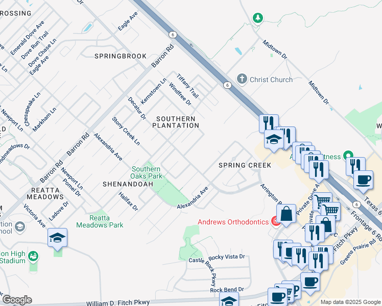 map of restaurants, bars, coffee shops, grocery stores, and more near 1504 Hunter Creek Drive in College Station