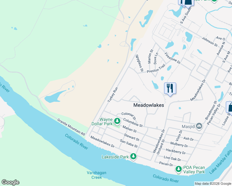 map of restaurants, bars, coffee shops, grocery stores, and more near 167 Turkey Run in Meadowlakes