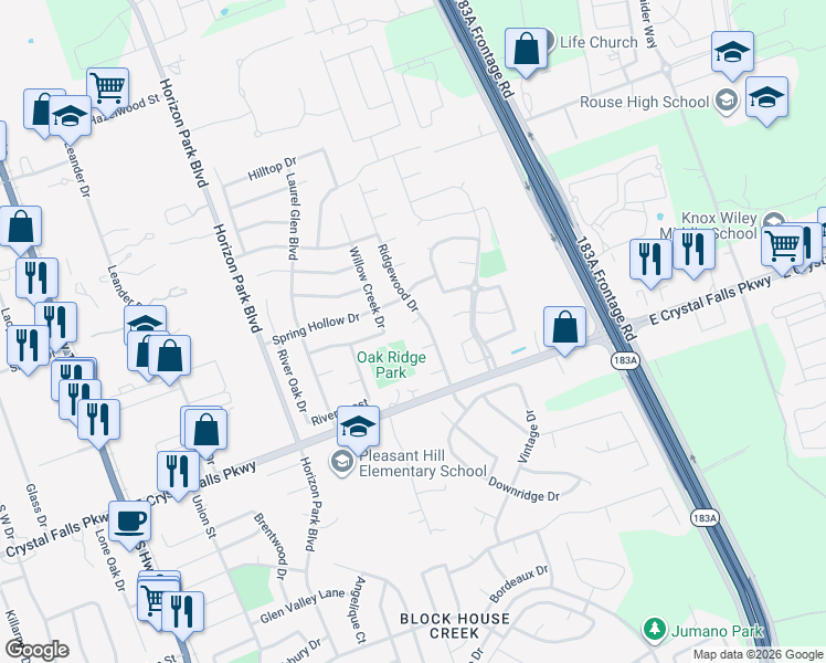map of restaurants, bars, coffee shops, grocery stores, and more near 902 Rosemont Court in Leander